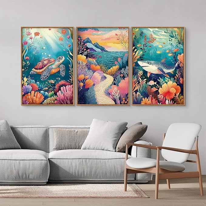 YeeHomedec Large Tropical Ocean Themed Framed Canvas Wall Art, Sea Turtle Shark Wall Decor, Coastal Nature Landscape Art Print, Marine Life Poster for Kids Nursery Classroom Playroom Bedroom 16"x24"x3