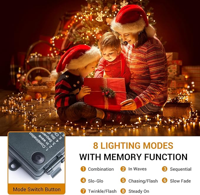 Battery Operated Christmas Lights-132FT 300 LED 8 Modes Outdoor/Indoor Waterproof Fairy Lights, Decorative Light Strings for Wedding Party Bedroom Roof Garden Halloween Thanksgiving Holiday,Warm White