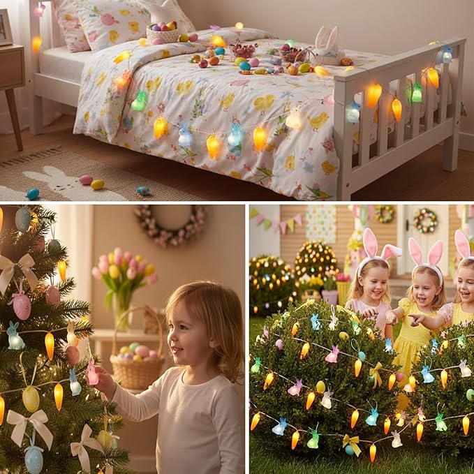 8.5Ft Easter Rabbit String Lights, 10L Plug in Pastel Easter Bunny Carrot Lights Connectable for Outdoor/Indoor Holiday Home Kits Classroom Bedroom Windows Tree Garden Spring Decoration