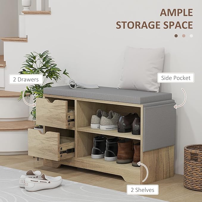 HOMCOM Shoe Bench with Storage, Modern Upholstered Entryway Bench with Open Shelves, Drawers and Pocket for Living Room, Hallway, Grey