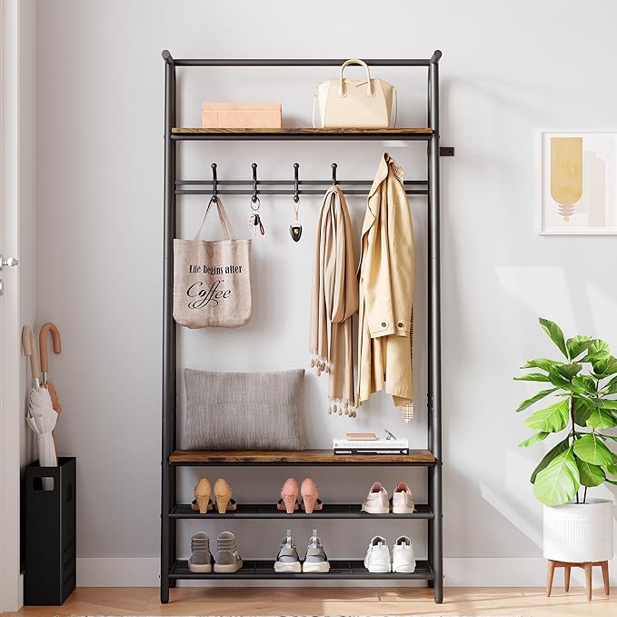 Jojoka 31" Coat Rack, Hall Tree with Shoe Bench and Storage, 4-Tier Shelf with 5 Hooks, Freestanding Metal Entryway Organizer for Hallway, Accent Furniture for Bathroom