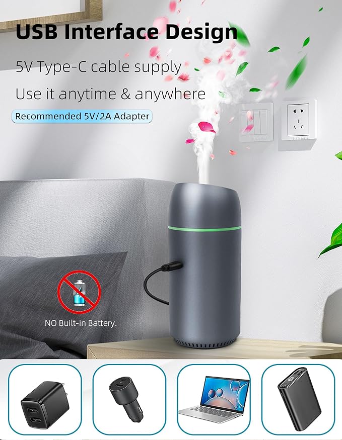 Portable Mini Ultrasonic Essential Oil Diffuser - 100ml USB Aromatherapy Humidifier with 7-Color LED Lights, Upgraded Aluminum Alloy Shell for Home, Office, Bedroom, Car & Small Spaces (Grey)