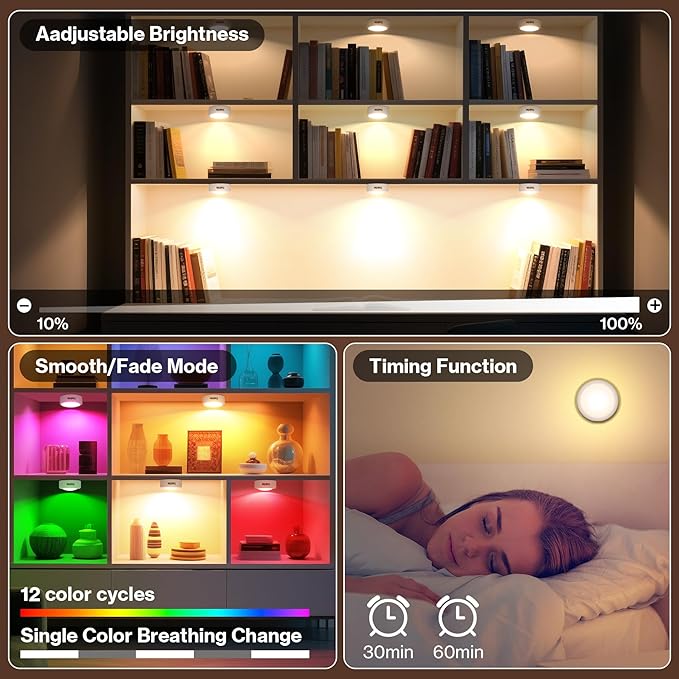 Cadrim Puck Lights - LED Color Changing, Dimmable Under Cabinet Lights with Wireless Remote Controls for Kitchen (1 Pack)