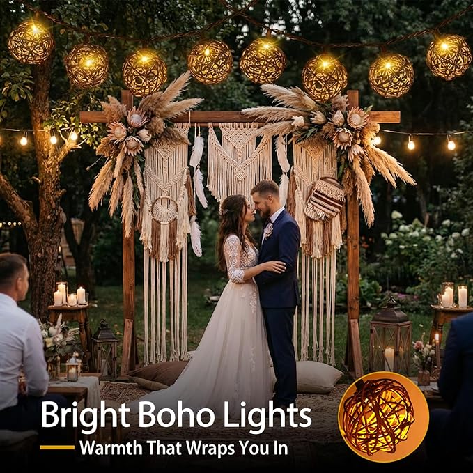 Vigdur Rattan Ball String Lights, Boho Lantern String Lights with 10 Led Bulbs Connectable, Indoor Outdoor String Light for Bedroom Wedding Garden Party Backyard Decor, 9.84FT