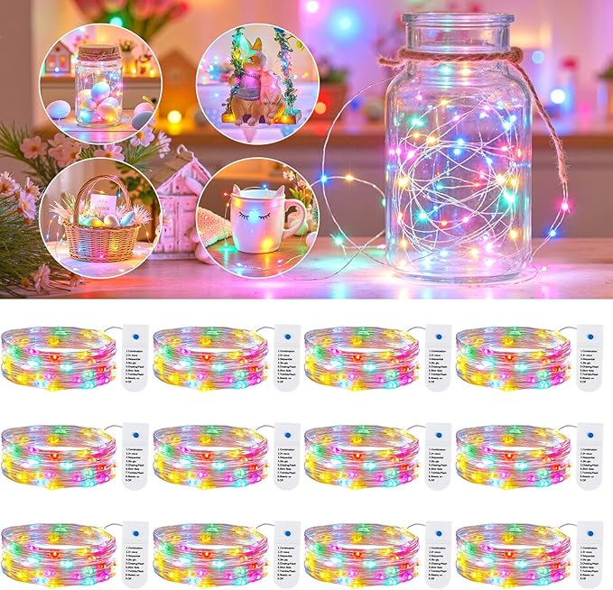 Minetom 12 Pack Pastel Christmas Lights, Easter Decor 7ft 20 LED Fairy Lights Battery Operated String Lights, Easter Decorations for Home, 8 Modes Waterproof Silver Wire Twinkle Lights
