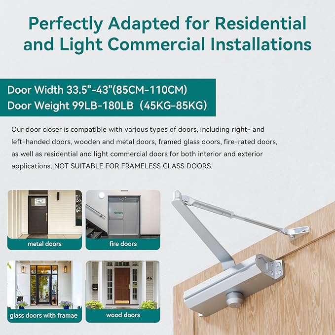 Automatic Door Closer, Self Closing, Adjustable Grade 3 Spring Hydraulic, UL 3 Hour Fire Rated, Medium Duty, Half Million Cycles, Residential and Light Commercial Use, Silver Aluminum