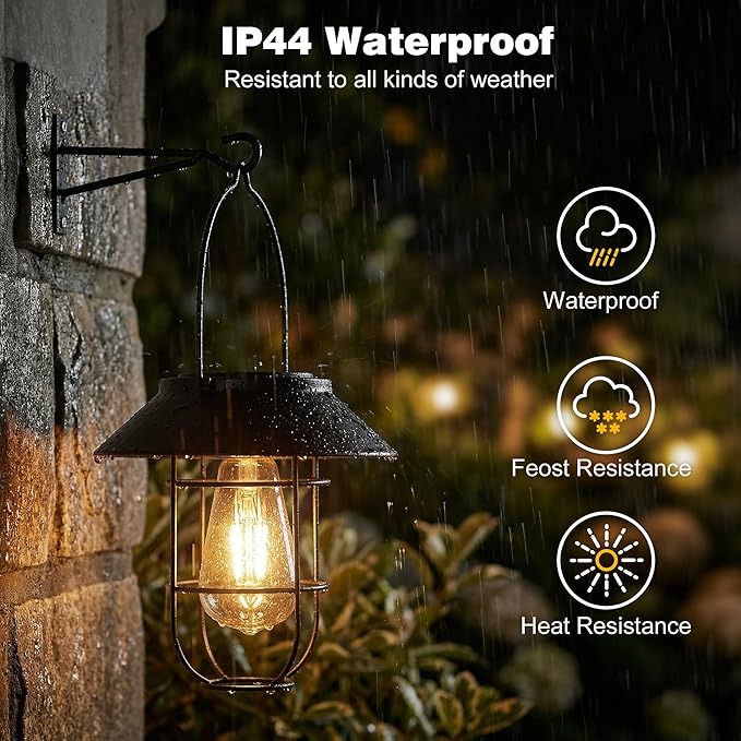 Livinlarge Solar Lanterns Outdoor Waterproof,Hanging Solar Lights for Outside with Wall Hooks Windproof Hook,Retro Metal Outdoor Lanterns Auto On/Off for Porch,Patio,Garden,Yard Decor 2 Pack（Black）