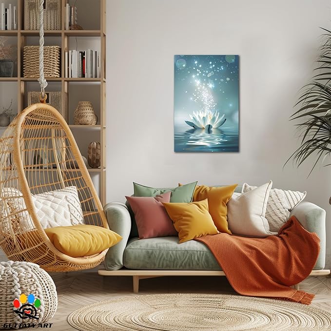 Zen White Lotus Flower Canvas Wall Art, Lotus Flower Pictures Bathroom Zen Print, Spiritual Water Lily Canvas Prints, Lotus Bloom on Water Poster, Zen Calm Relax Artwork for Yoga Spa Room 18x24 inch