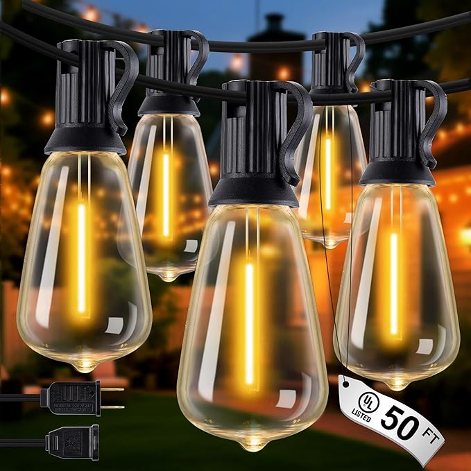 Patio String Lights Plug in 50FT LED Outdoor String Lights with IP65 Waterproof 27 Bulbs, Connectable Dimmable Edison ST38 Outside Lights for Garden, Yard, Porch, Backyard, Deck, Home Decor
