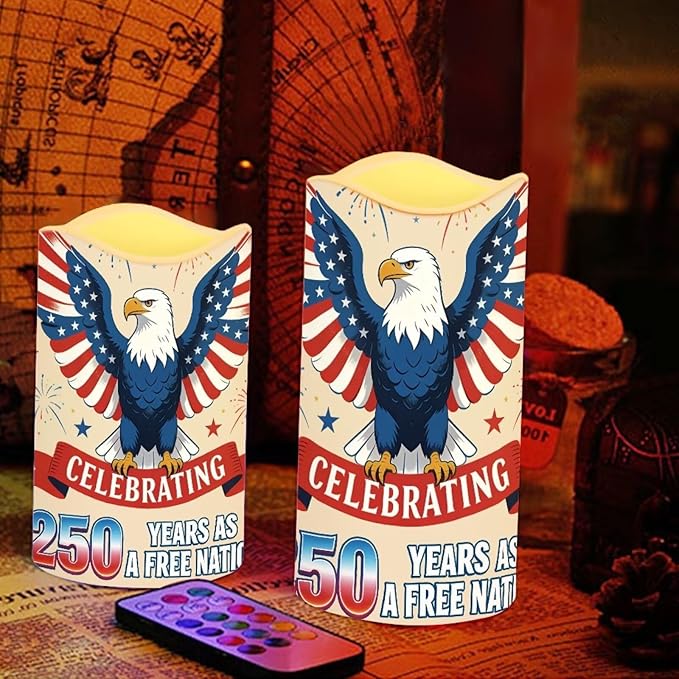 A Free Nation Flickering Flameless Candles Bald Eagle LED Battery Operated Timer 250th American Anniversary Candle Warmer Lamp Celebrate 4th of July Independence Day, 4 Pack