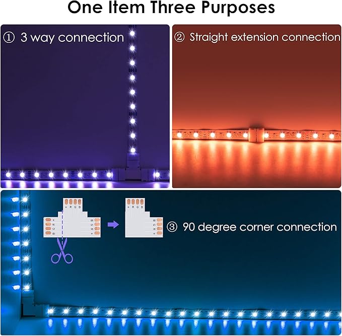 JACKYLED T Shape 4-Pin LED Connectors 10-Pack 10mm Wide Unwired Solderless Gapless Adapter Connectors Terminal Extension 12V 72W with 32pcs Clips for 5050 3528 SMD RGB LED Strip Lights