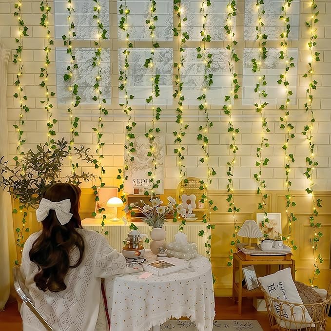JMEXSUSS Vines Lights for Bedroom, 9.8ft x 9.8ft with Remote, 300 LED Fairy Lights with Vines, Artificial Ivy Curtain Light for Wall Dorm Wedding Indoor Decor (Pack of 2)