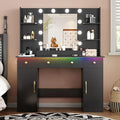 Vanity Desk with Mirror and Lights, 43'' Makeup Dressing Table Set with 5 Drawers & Power Outlet, 3 Lighting Modes Brightness Adjustable, Vanity with RGB Ambient Light for Women Girls Bedroom, Black