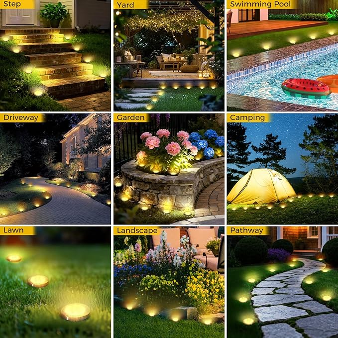 24 Pack Solar Ground Lights Outdoor, 8 LED Mini Flat Solar Disk Lights, IP65 Waterproof Anti-Rust Disc Light, Landscape Lighting for Garden Pathway Yard Walkway Driveway Lawn,Warm White
