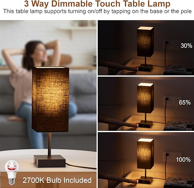 Sailstar Table Lamp for Bedroom, 3 Way Dimmable Touch Bedside Lamp, Small Lamp with 2 USB C+A Charging Ports, Black Nightstand Lamps for End Table, Living Room, Desk, Bulb Included
