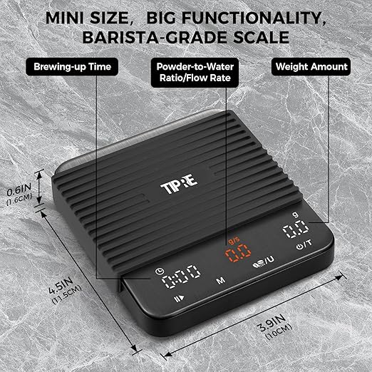 TIPRE Mini Espresso Coffee Scale with Timer & Flow Rate, 2kg/0.1g Precision Digital Coffee Scale, Portable Espresso Scale Rechargeable via USB-C, Triple Brew Modes, LED Display, Mute Mode, g/oz/lb:oz