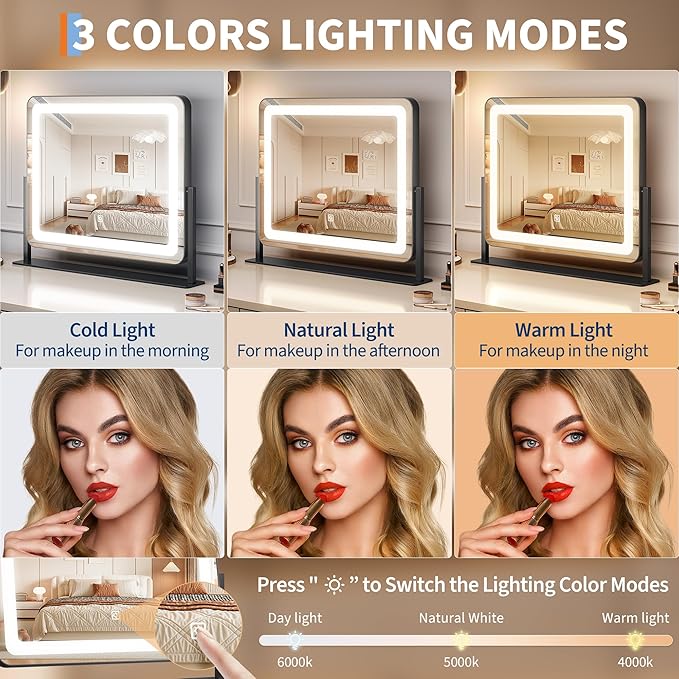 IDEALHOUSE Vanity Mirror with Lights, 20"x17" Lighted Makeup Mirror, LED Desk Mirorr with 360° Rotation, Dimmable 3 Modes, Smart Touch Control for Bedroom or Tabletop(Square,Black)