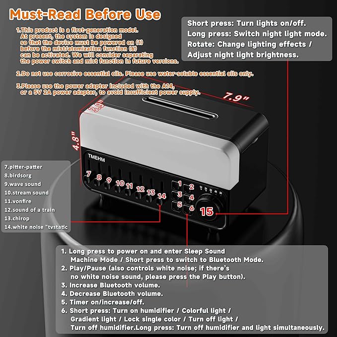 4-in-1 Sleep Sound Machine with White Noise & 8 Nature Sounds, Bluetooth Speaker, Night Light & Aroma Diffuser with Timer for Baby, Kids and Adults (Black)