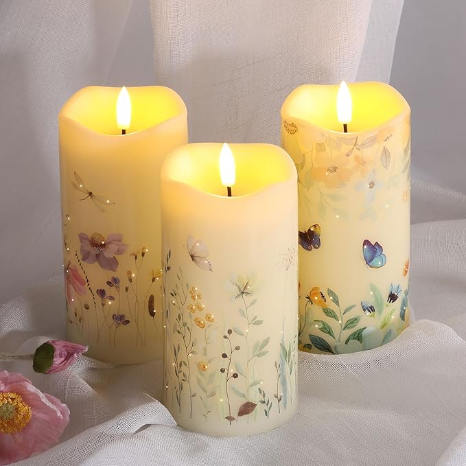Eywamage Fiber Optic Flameless Pillar Candles with Remote Set of 3, Butterfly Floral Spring LED Candles Battery Operated Φ 3" H 6"