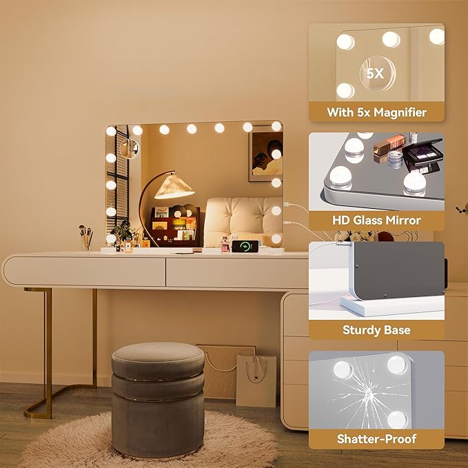 Hasipu 31"x22" Vanity Mirror with Lights, Makeup Mirror with Lights and Magnification, Hollywood Mirror with 3 Color Modes, LED Make up Mirror, Light up Mirror with USB & Type-C Charging