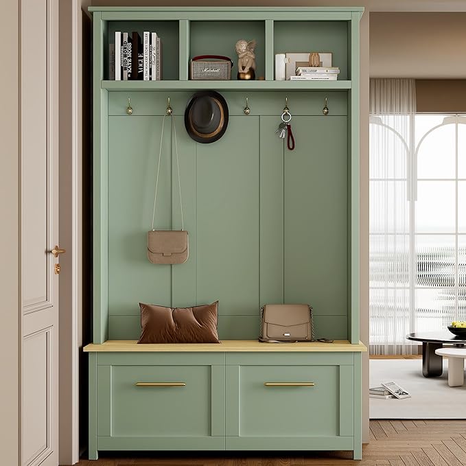 Merax Versatile 4-in-1 Hall Tree with 6 Golden Hooks, Wood Grain Bench with Multiple Storage Space, Entryway Coat Rack with 2 Drawers for Living Room, Hallway, Mint Green