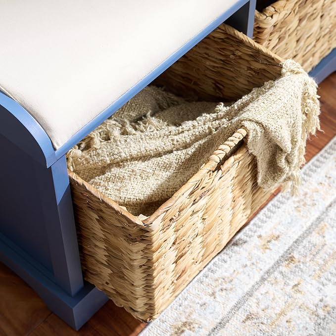 SAFAVIEH Home Collection – Freddy Blue Storage Bench with Seat Cushion, 2 Basket Drawers, Coastal Farmhouse Entryway Design, Fully Assembled (AMH5736K)