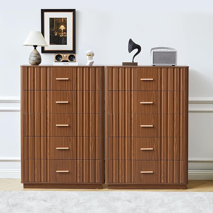 Fluted 5 Drawers Dresser for Bedroom, Wooden Tall Storage Dresser TV Stand, Curved Profile Modern Chest of Drawers, Wood Closet Clothes Storage Organizer for Living Room Hallway,Walnut 2 Sets