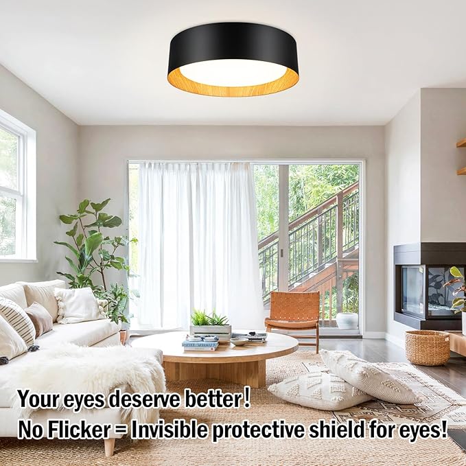 Flush Mount Ceiling Light, 13in 250W Equivalent LED Ceiling Light Fixture, 3CCT Adjustable 3000K 4000K 5000K, Dimmable Black and Wood Modern Ceiling Lamp for Bedroom Bathroom Hallway