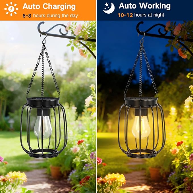 Outdoor Solar Lanterns, Waterproof Vintage Metal Hanging Lights with Warm White LED, Auto On/Off, Brighter Decorative Lanterns for Garden Patio Yard Porch, Gifts for Women Mom, 2 Pack