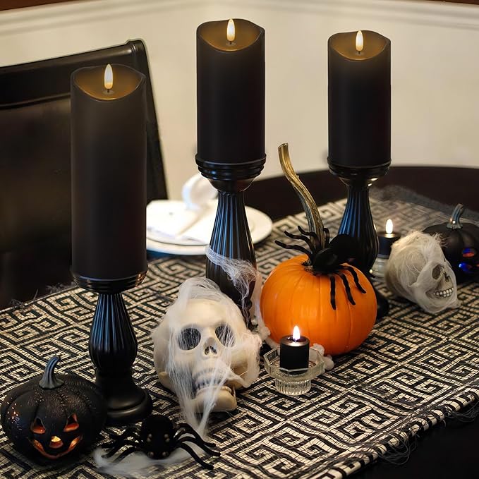 Outdoor Flameless Candles with Remote Timer - Waterproof Realistic Flickering LED Pillar Electric Battery Operated Fake Candle for Home Halloween Christmas Party Decor - 3 Pack Black (D3”H4”6”8”)
