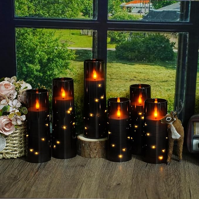 Flameless Candles with Embedded Star String, Battery Operated LED Pillar Candles with Timer and Remote Control,Home Decorating for Ambiance， Set of 7(Black)