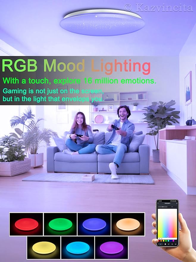Dimmable Round LED Ceiling Light Flush Mount 16 Inch 50W Built-in Bluetooth Speaker Modern Lighting Fixtures RGB Ambient Ceiling Lamp Suitable for Bedrooms Kitchen Kids' Rooms and More