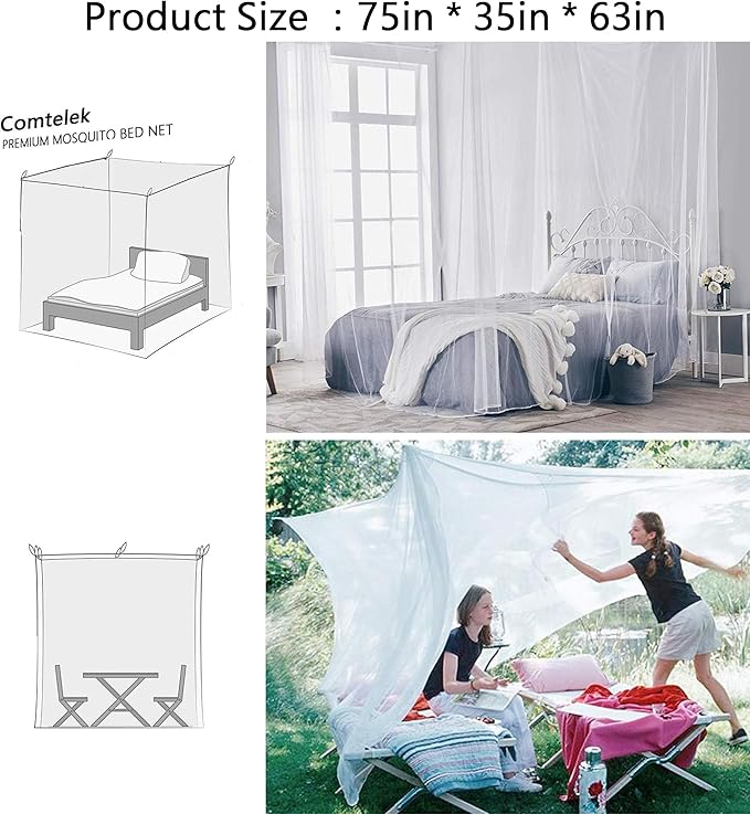 Canopy Bed Curtains 4 Corners Mosquito Net Mosquiteros para Camas Bed Canopies Netting Bed Drapes Rectangular Mosquito Mesh for Patio Gothic Outdoor Travel Home Decor（L75 X W35 X H63,1 Opening, White）