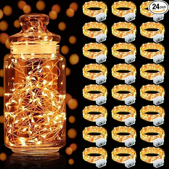 Aogist 24 Pack Fairy Lights 3 Modes 7ft 20 LED Waterproof,Battery Operated Silver Wire Firefly Starry Moon Mini String Lights for Mason Jars Christmas DIY Crafts Wedding Party Bedroom,Orange