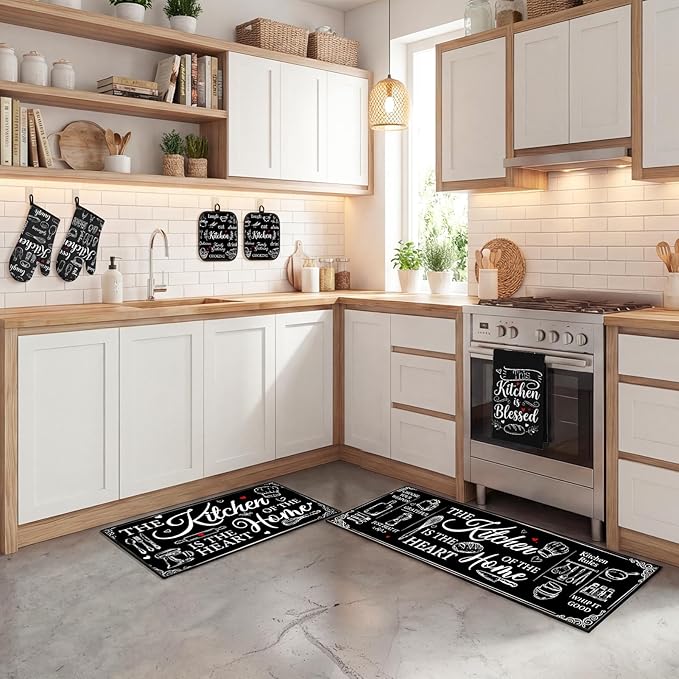 Black and White Kitchen Decor Set 10 Piece - Chalkboard Art Baking Theme Kitchen Rugs, Oven Mitts, Pot Holders and Towels - Modern Farmhouse Kitchen Rules Accessories
