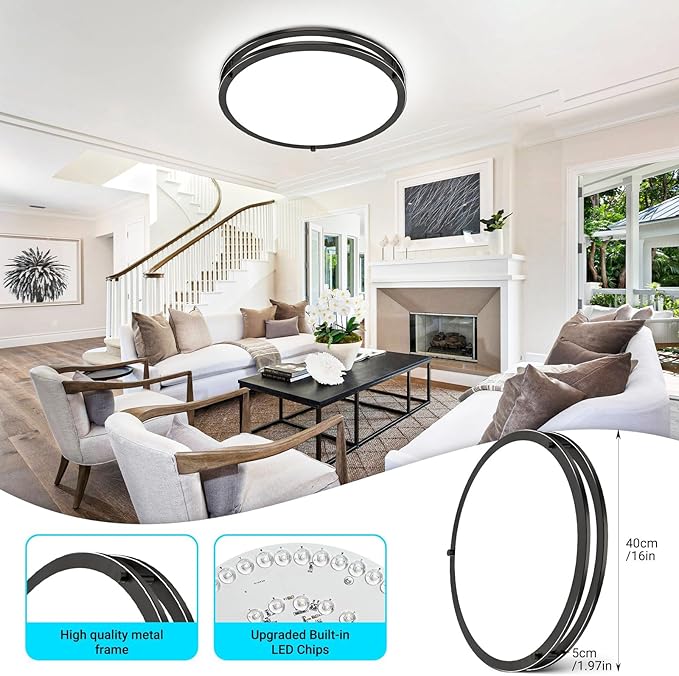 libtit 2Pack 16Inch Flush Mount Ceiling Lights with Remote, 36W Dimmable LED Ceiling Light 3000K-6500K Adjustable, Large & Bright Black Light Fixture for Kitchen Bedroom LivingRoom
