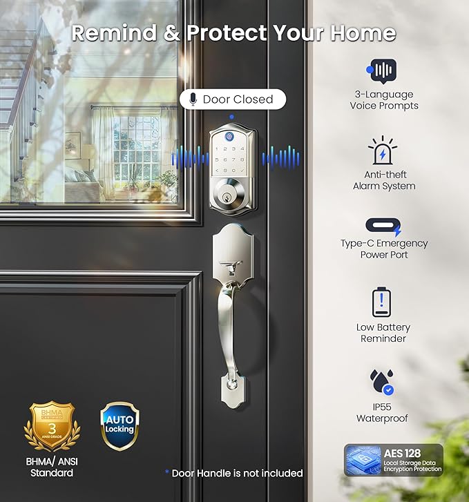 Veise VE017G Wi-Fi Keyless Entry Door Lock, App Remote & Voice Control, Fingerprint Smart Locks for Front Door, Touchscreen Electronic Keypad Deadbolt, Auto Lock, Emergency Power Port, Satin Nickel