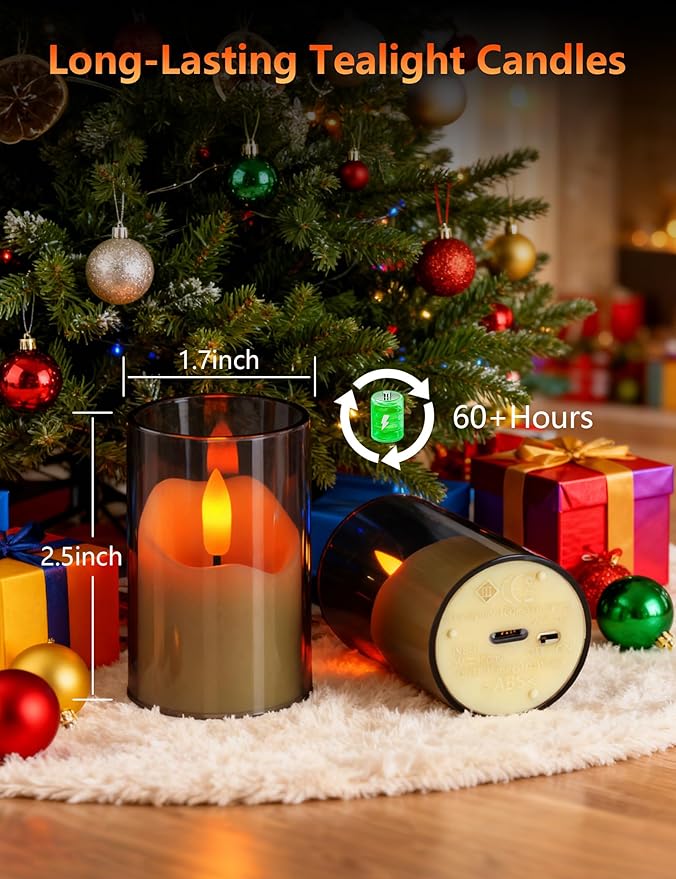 Rechargeable Operated Acrylic LED Tealight with Remote Control and Timer，Gary Flickering Flameless Candles for Home Decor, Valentines, Holidays (Set of 6