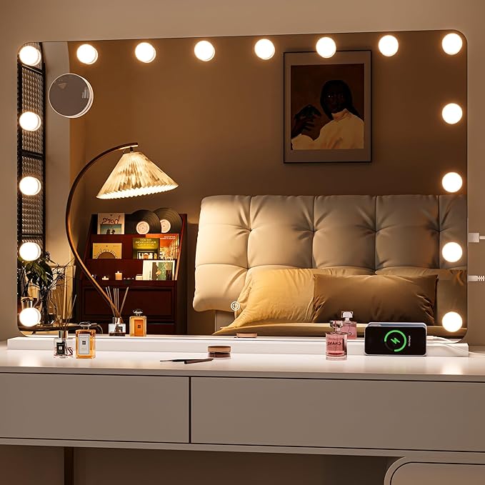 Hasipu Vanity Mirror with Lights 35" x 24", Makeup Mirror with Lights and Magnification, Hollywood Mirror with 3 Color Modes, LED Make up Mirror, Light up Mirror with USB & Type-C Charging