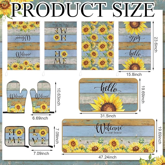 Fourluoo 10 Pcs Sunflower Kitchen Decor Set Sunflower Kitchen Towels and Rugs Oven Mitts and Pot Holders Farmhouse Decor for Women Mom Gift Cooking Baking Grilling