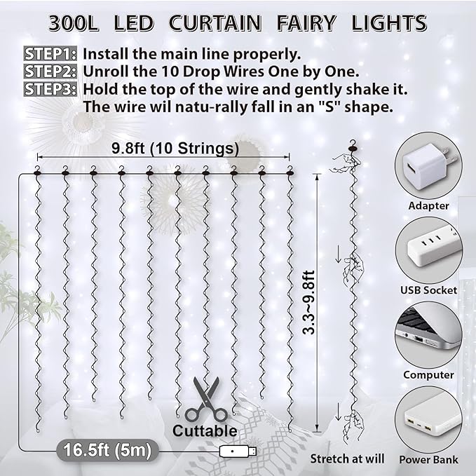 HXWEIYE 300LED Fairy Curtain Lights, 9.8x9.8Ft USB Plug-in 8 Modes Christmas String Hanging Lights with Remote for Bedroom Backdrop Wedding Indoor Wall Decor, White, Standard – 1 Pack