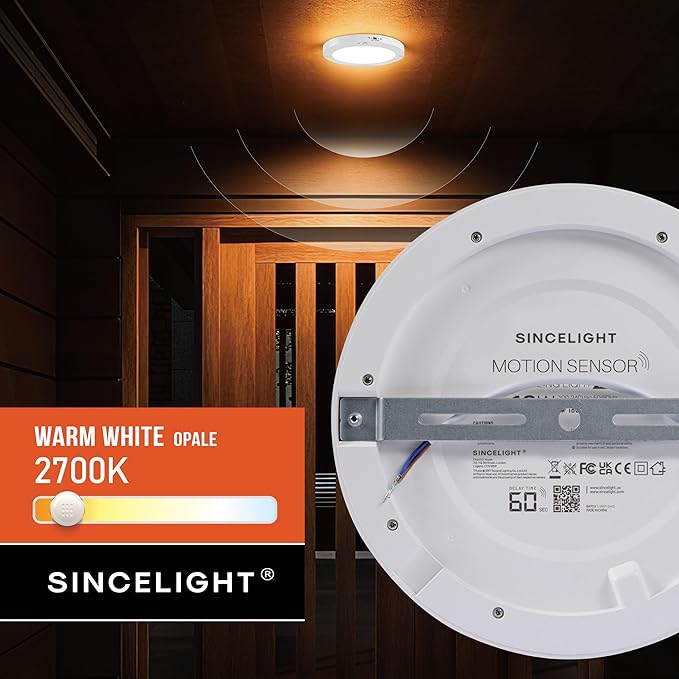 SINCELIGHT PIR Motion Sensor 18W LED Ceiling Light (Φ9''/220mm), Automatically ON/Off, Movement Activated, Dual Mode Turnable, Warm White 2700K, Surface/Flush Mount for Hallway,Porch, Pack of 1