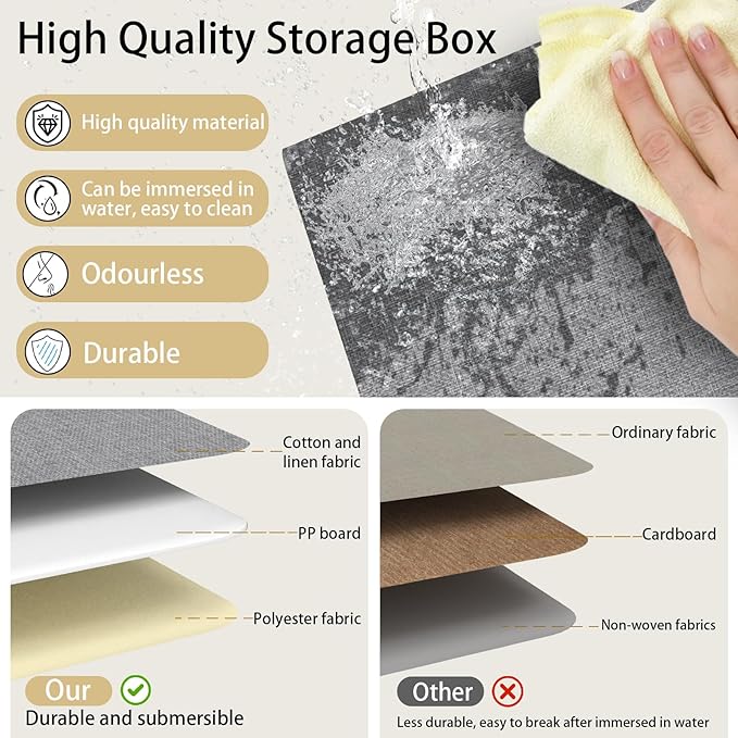 Yawinhe Storage Bins with Lids, Closet Baskets, Washable and Leather Handle, Collapsible Boxes for Home, Grey, 17.7''Lx11.8''Wx11.8''H, 7-Pack, USNK024GX-7
