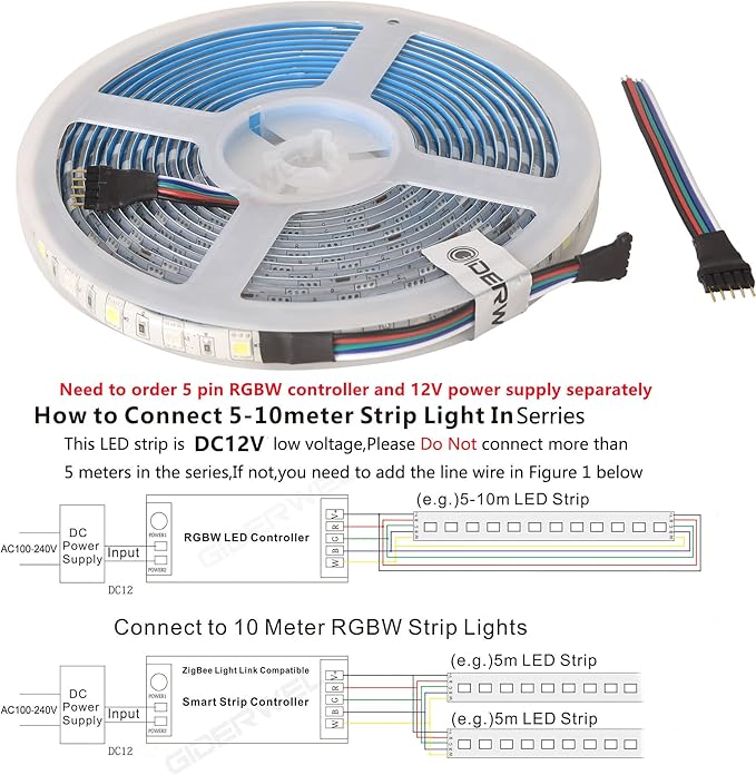 GIDERWEL RGBW LED Strip Light,16.4ft RGB+Cold White SMD5050 Flexible 12V LED Strips 300LEDs,Dimmable Mixed Color Changing LED Tape Light Ambiance Lighting for Party Home Kitchen,Only 5m Strips