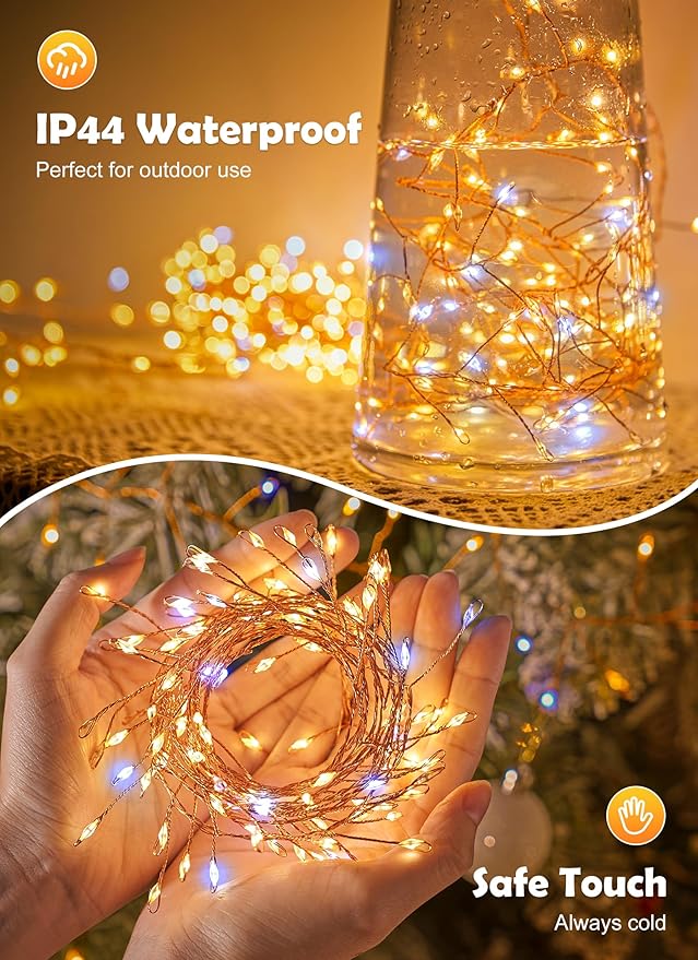 Fairy Lights Plug in, 10ft 200LED Indoor/Outdoor Cluster String Lights - Twinkle Copper Wire Christmas Tree Lights Waterproof for Bedroom Decor, Party, Patio, Garden，2pack