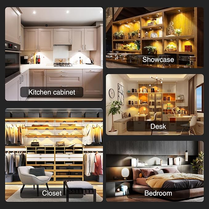Puck Lights With Remote Control - Rechargeable, Wireless Under Cabinet Lighting, 2000mAh Battery Operated Tap Push Touch Light, Stick On for Counter, Shelf, Bookcase (Wood Color, 3 Pcs)