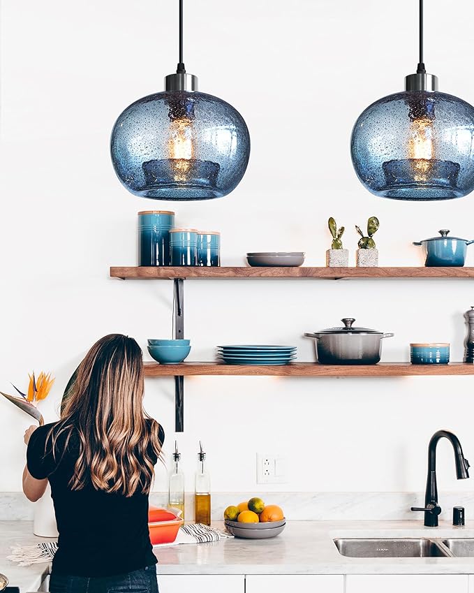 CASAMOTION Pendant Lighs Kitchen Island Hand Blown Glass Marble Blue Color Modern Rustic Style Ceiling Hanging Light Fixtures Dining Room Brushed Nickel 8.7 Inch Diam 2 Pack