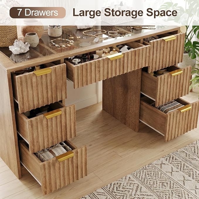 47" Fluted Makeup Vanity Desk w/Large 42" Mirror & Ajustable LED Lights, Large 7 Drawers Vanity Table w/Glass Top&Charging Station, Makeup Dressing Table for Women&Girls, Bedroom or Dorm, Oak