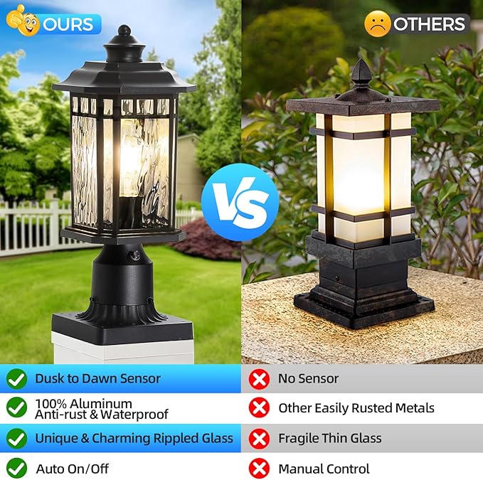 DASTOR 2 Pack Outdoor Post Lights, Dusk to Dawn Outdoor Lamp Post Light Fixture with Pier Mount Base, Waterproof Aluminum Post Lantern for Garden Patio Pathway