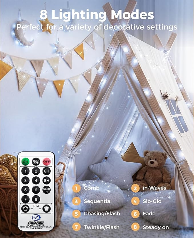 Plug-in Fairy Lights, 33 Ft 100 LED String Light with Remote, 8 Modes, Timer and Dimming Twinkle Lights for Indoor, Bedroom, Party, Decoration, Holiday, Cold White
